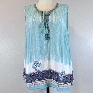 DR2 Womens Tunic Top Blue Sleeveless Tie Dyed Rose Rayon Tie Fringe Boho Size 2X